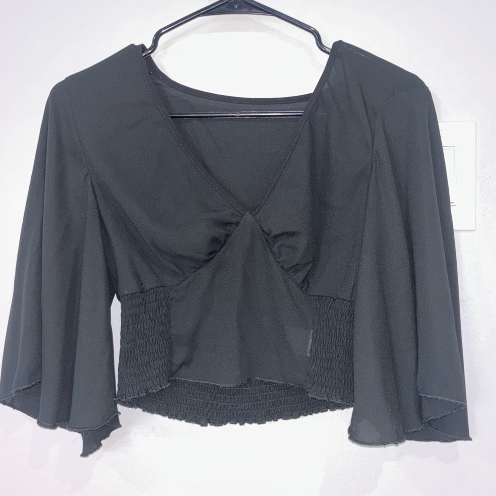 SHEIN Black V-Neck Smocked Waist Flowing Sleeve Top